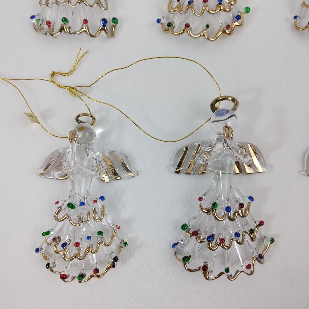 6 Vintage Hand Spun Clear Glass Angel Christmas Ornament Gold Trim Candle Halo - Picture 3 of 5